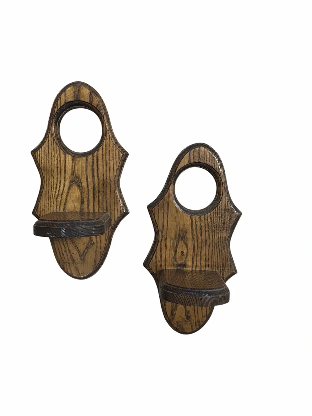Vintage Wood Wall Shelf Sconces Pair Rustic Primitive Candle Plant Display